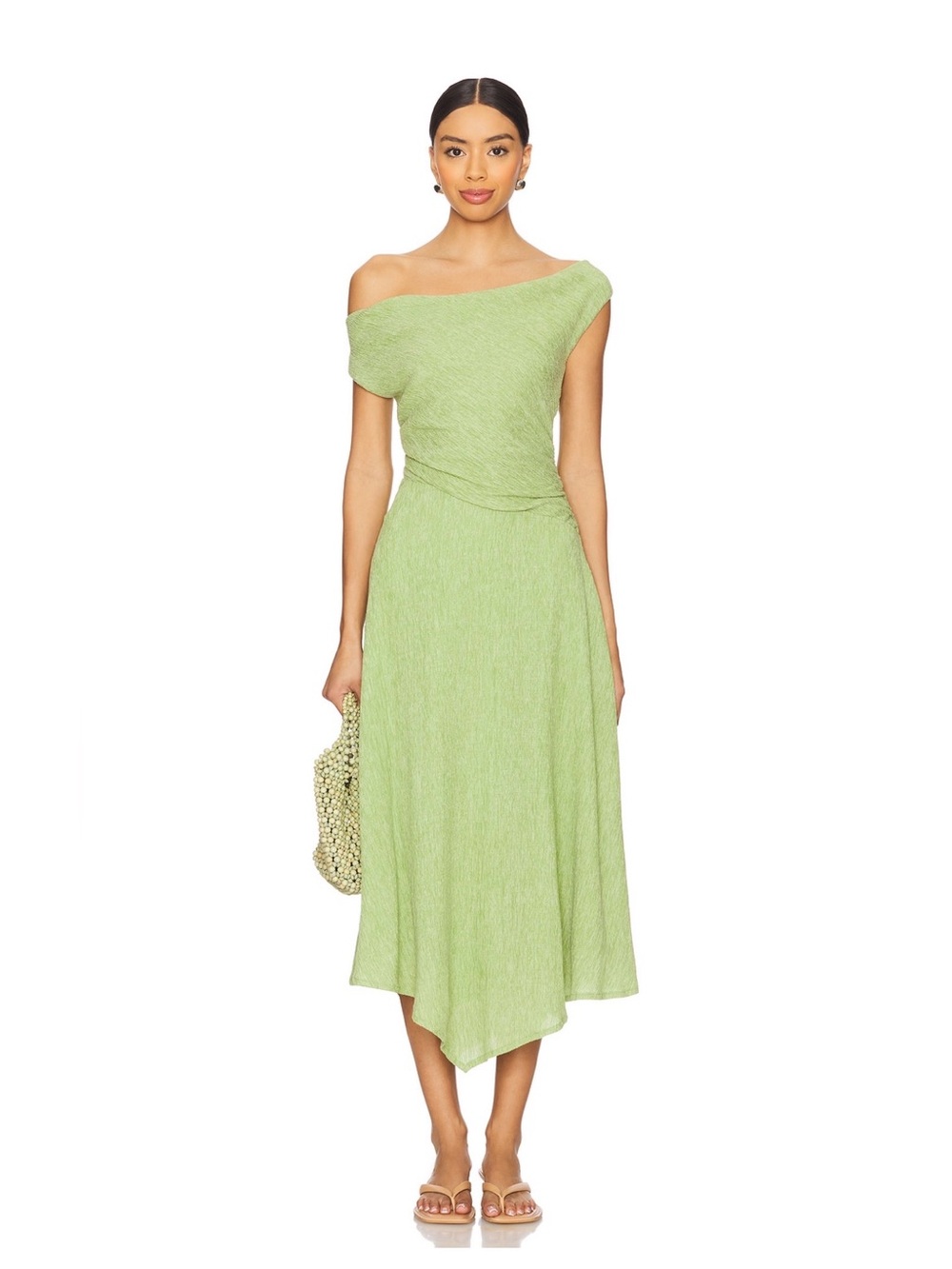 One-Shoulder Light Green Asymmetric Midi Dress